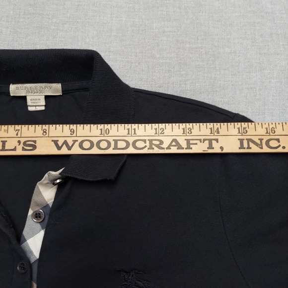 Burberry Brit Women L Black Pique Polo Shirt Nova Check Placket Equestrian Logo - Picture 11 of 14